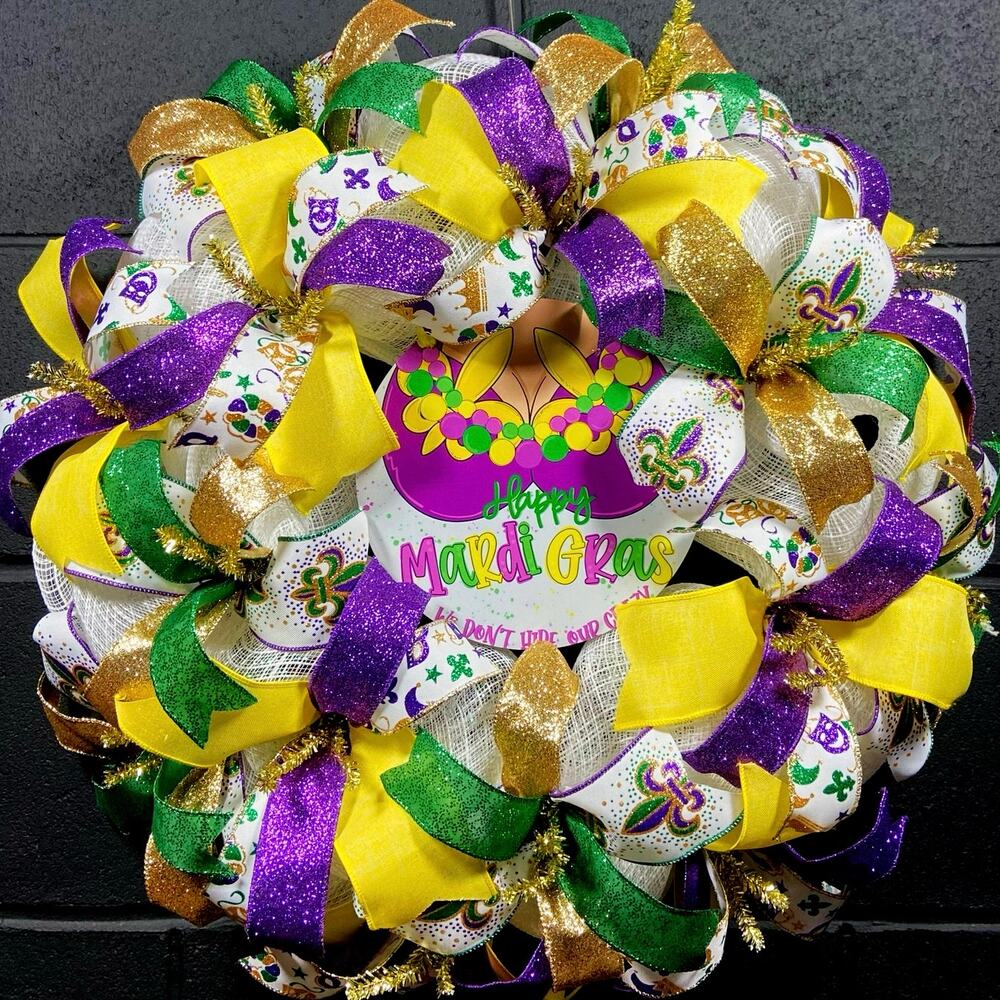 Large Mardi Gras Wreath Purple Green Yellow Handmade 24 Inch Front Door Decor